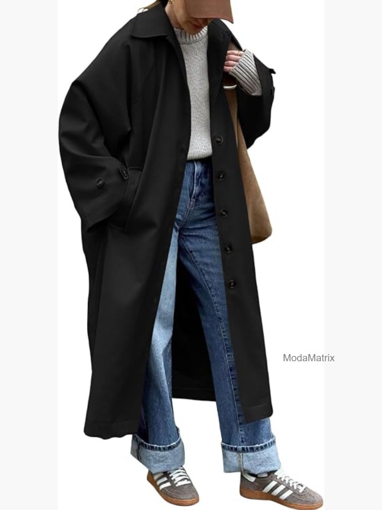 Womens Oversized Trench Coat Single Breasted Windproof Classic Lapel Overcoat
